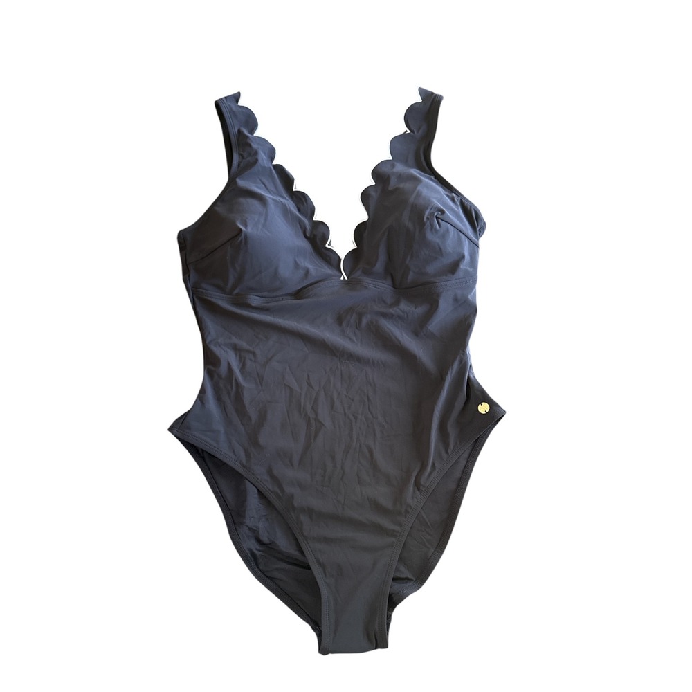 Cece Black Scalloped V-Neck One Piece Swimsuit White Trim‎ Women Size 12 F1182